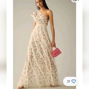 Anthropologie Mac Duggal One-Shoulder Embroidered Maxi Dress Evening Gown 12 NWT